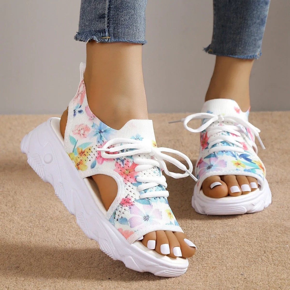Print lace-up sports sandals with mesh upper, peep toe, hollow back, and rubber sole in summer casual style