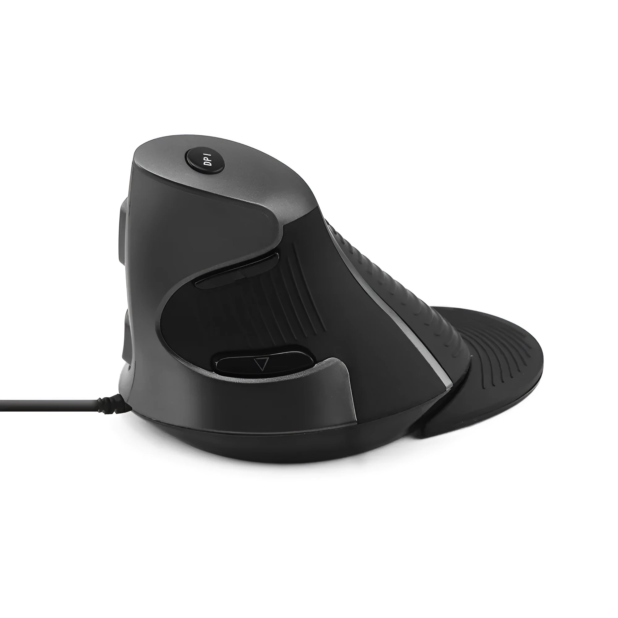 Ergonomic vertical wired mouse in black and white showing handshake grip position