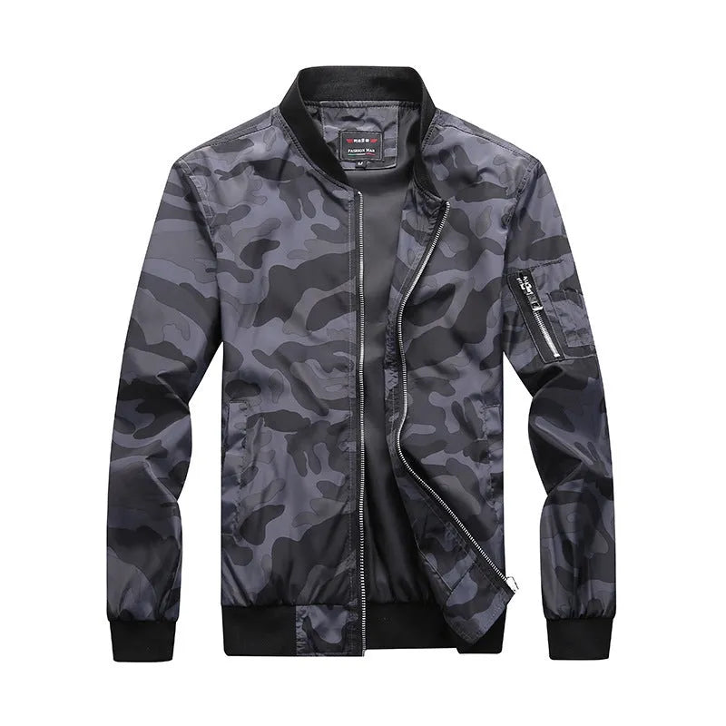 Men's camouflage bomber jacket with stand collar, zip front, long sleeves, and welt pockets in army green