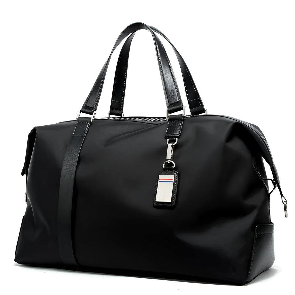 Folding Korean duffle bag for men in black nylon and microfiber, 44x26x18 cm, with zipper pocket