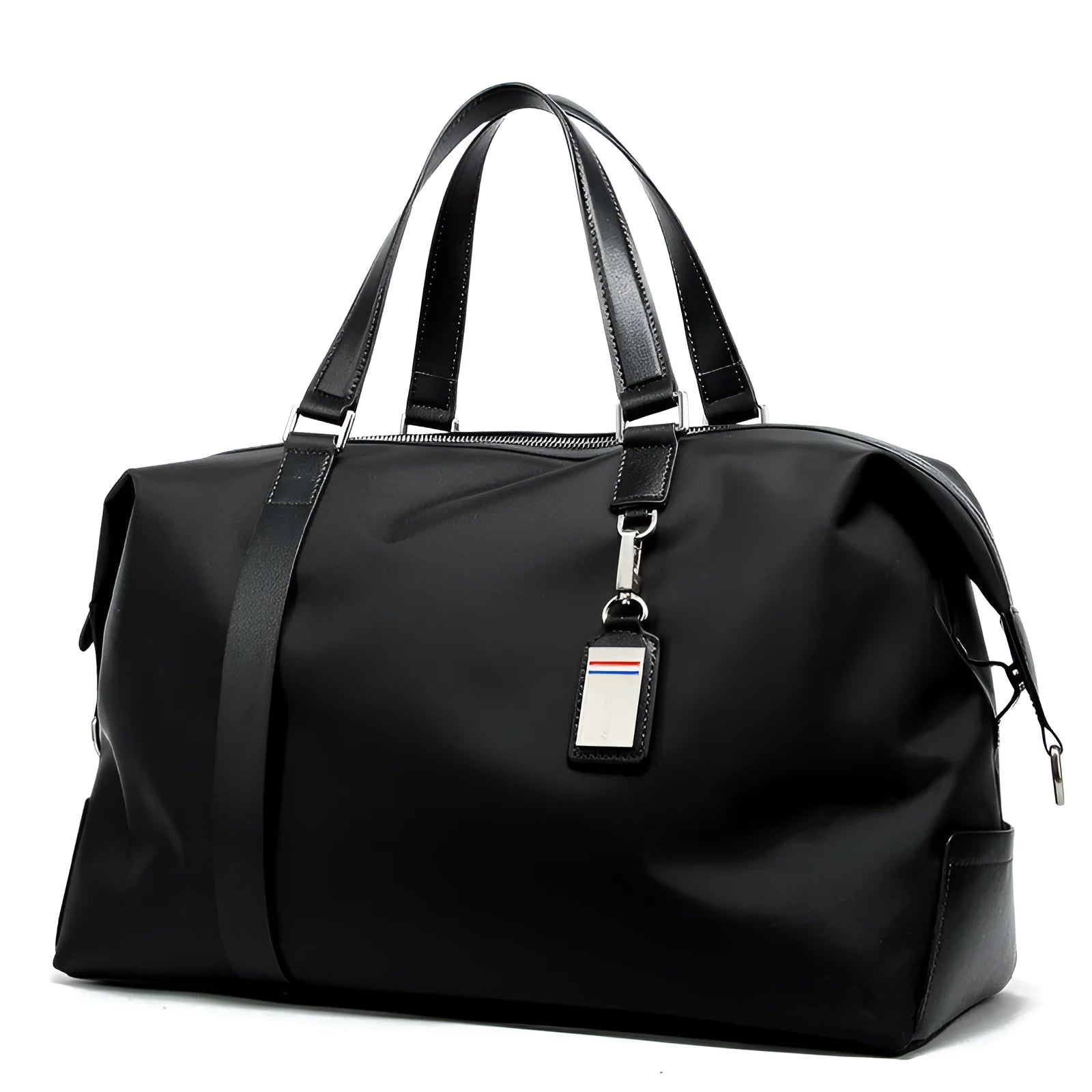 Folding Korean duffle bag for men in black nylon and microfiber, 44x26x18 cm, with zipper pocket