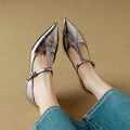 Genuine leather Mary Jane high heel shoes with chunky heel and pointed toe in gun colour