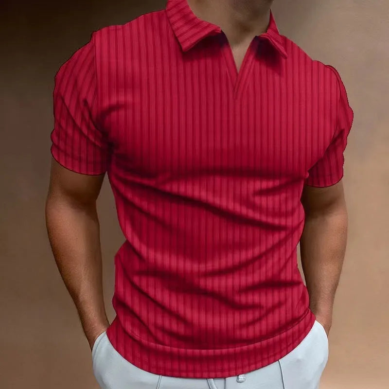 Men's striped V-neck polo shirt in light fabric for summer sports, shown in multiple colour options.