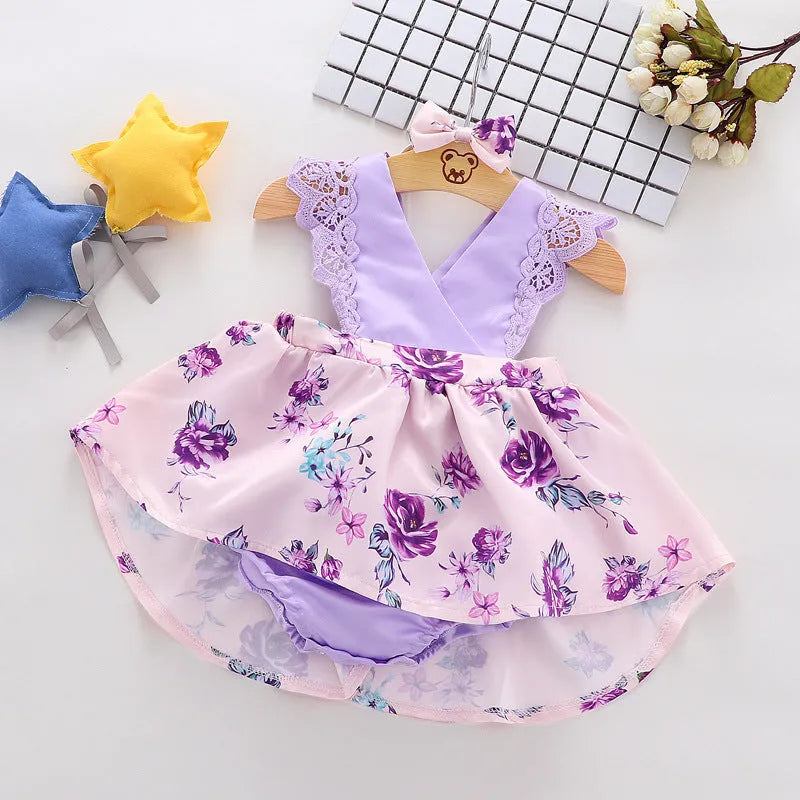 Girls summer princess dress in Korean style, sleeveless, cotton fabric with flower print, available in violet for toddlers 70-100cm height