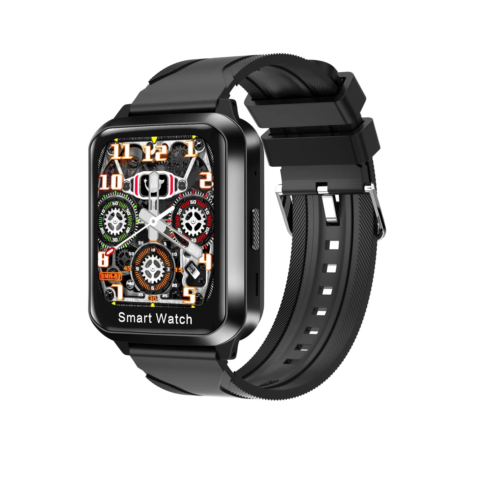 A black smart bracelet with a colour touchscreen displaying a split-screen interface, on a silicone wrist strap.