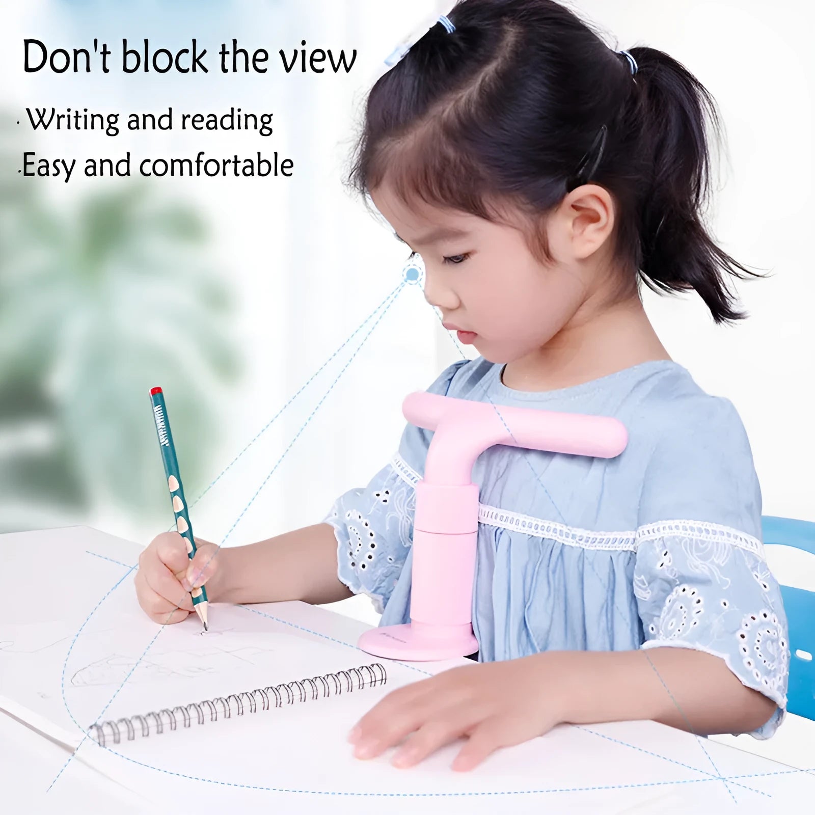 Children's sitting posture corrector with adjustable ABS frame in Athens blue on a desk