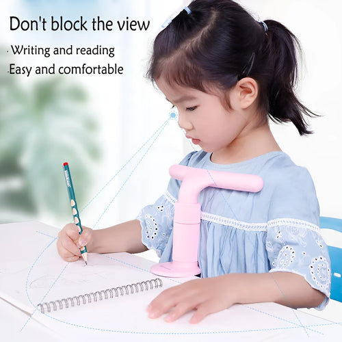Children's sitting posture corrector with adjustable ABS frame in Athens blue on a desk