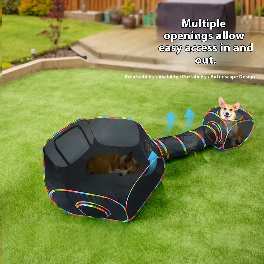 Foldable mesh cat cage showing hexagonal, square, tent, tee and long straight style options