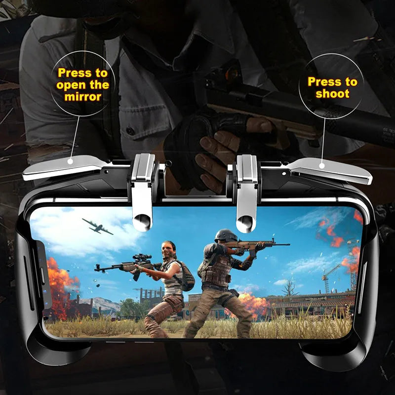 A telescopic mobile game controller holding a smartphone, shown in black, blue, and white colour options.