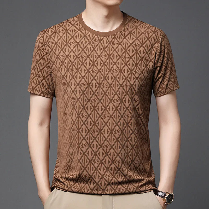 Man wearing a loose fit black round neck short sleeve T-shirt made from Ice Silk fabric.