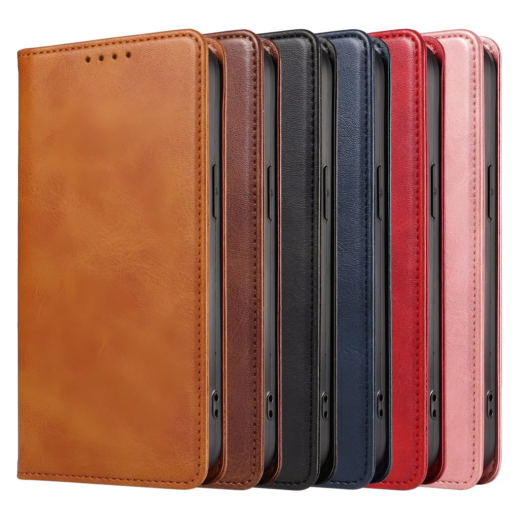 Faux leather magnetic flip phone case in brown with built-in bracket, compatible with iPhone