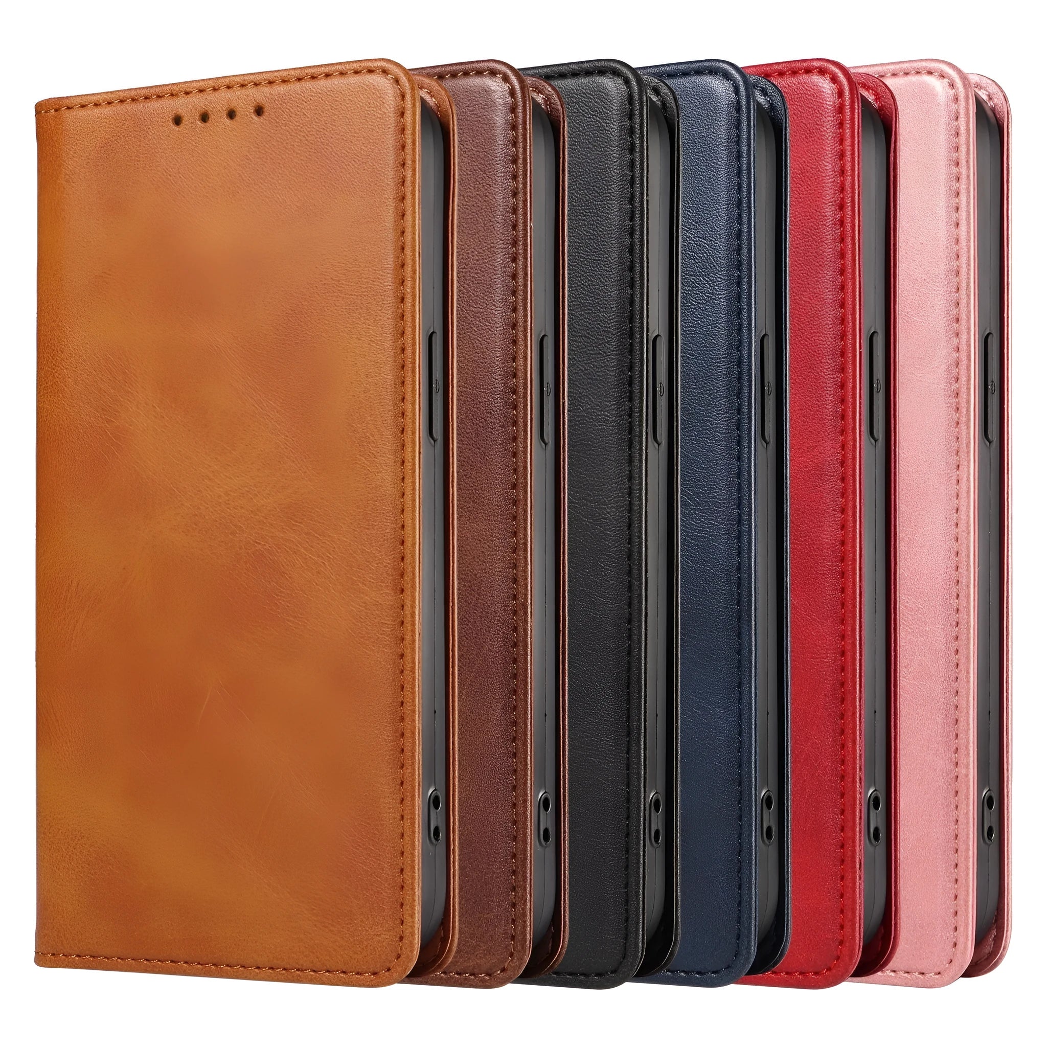 Faux leather magnetic flip phone case in brown with built-in bracket, compatible with iPhone