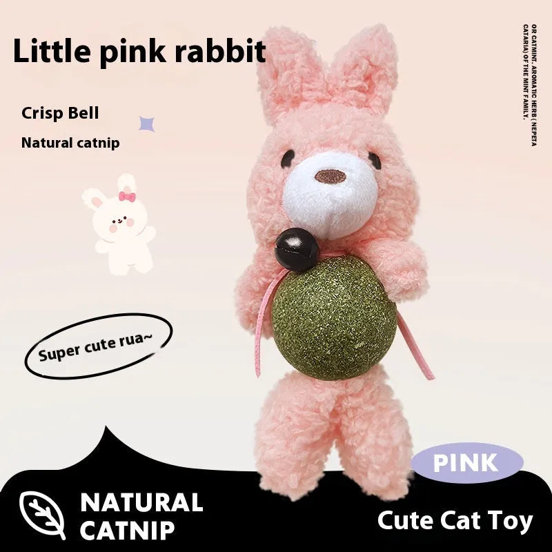 Plush catnip toy shaped like an animal with a bell, shown next to a 4cm mint ball for scale.