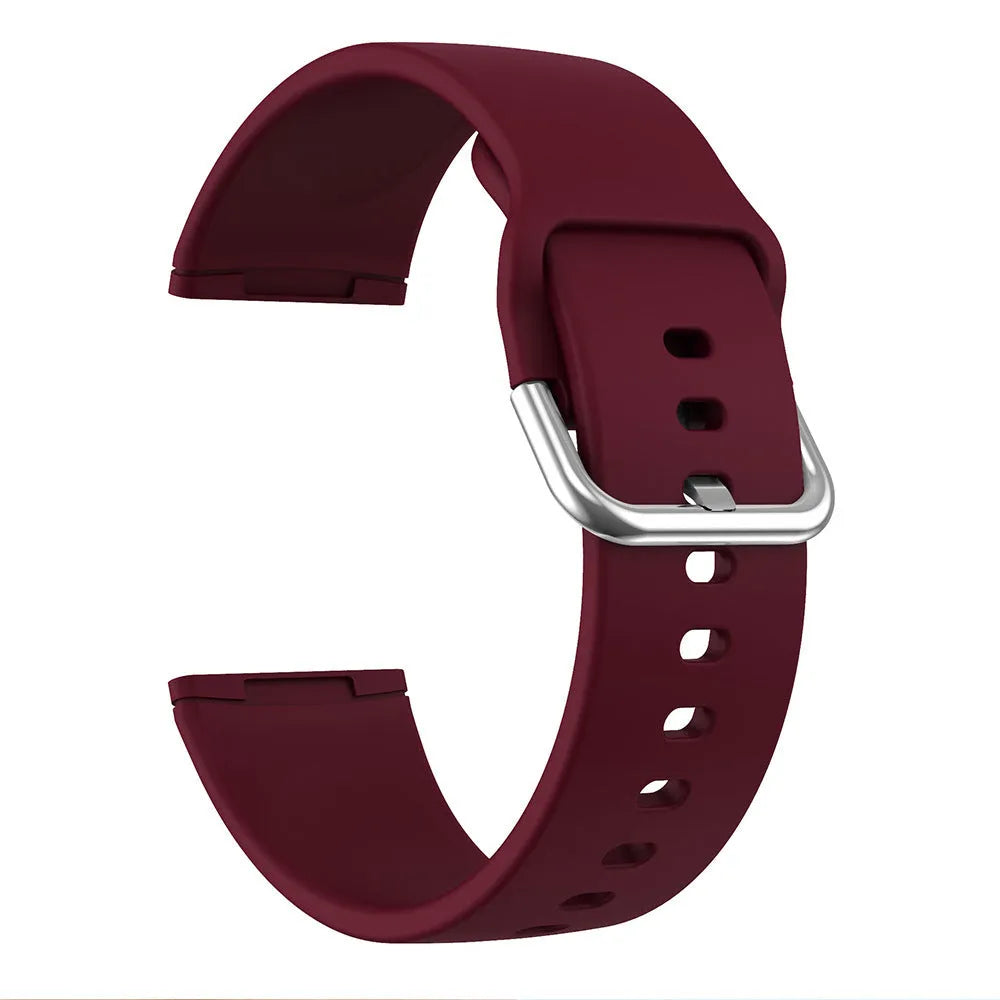 Silicone replacement strap with silver buckle for Fitbit Versa 3 and Sense 2 in multiple solid colours.