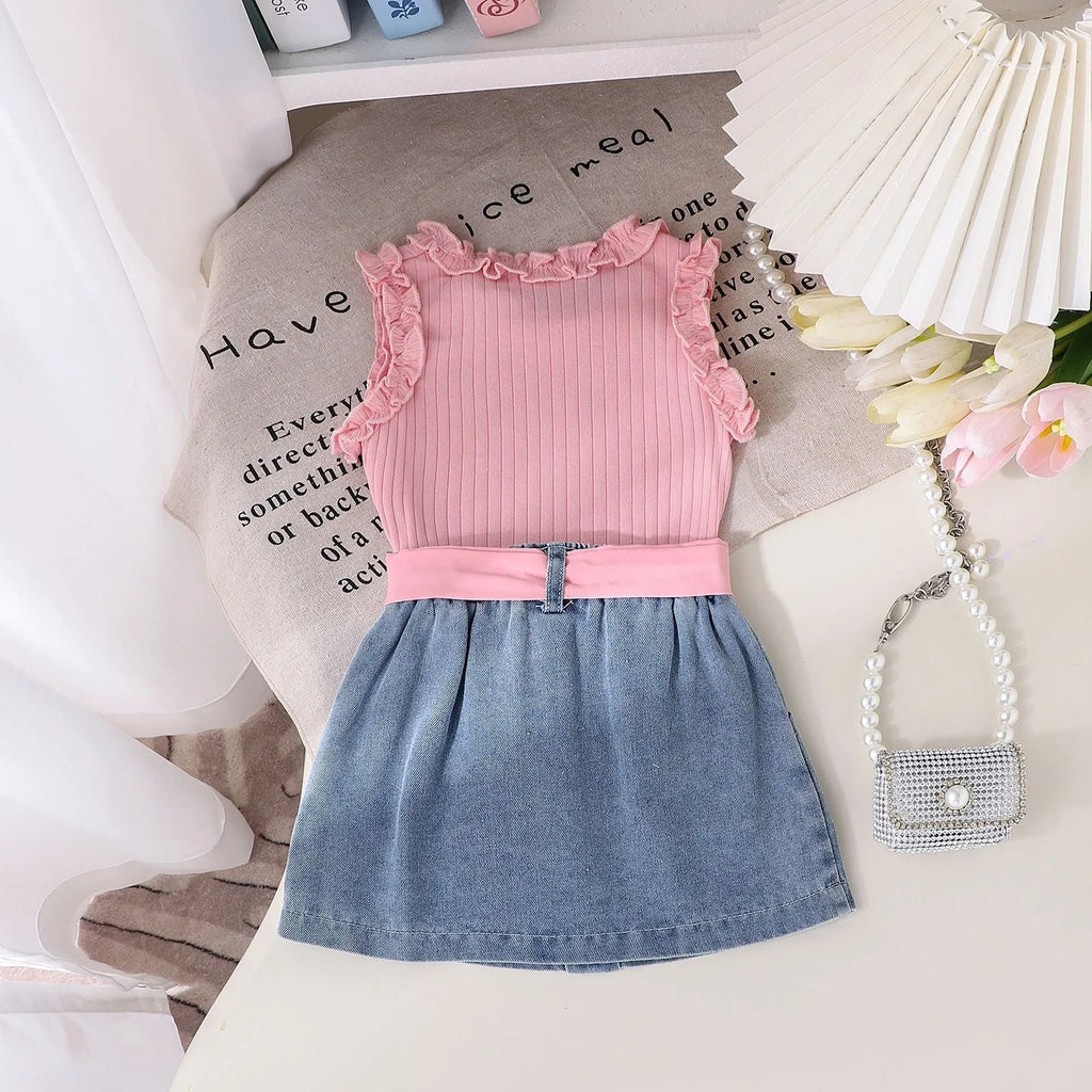 Girls cotton skirt suit three-piece set in solid colour pink with matching belt