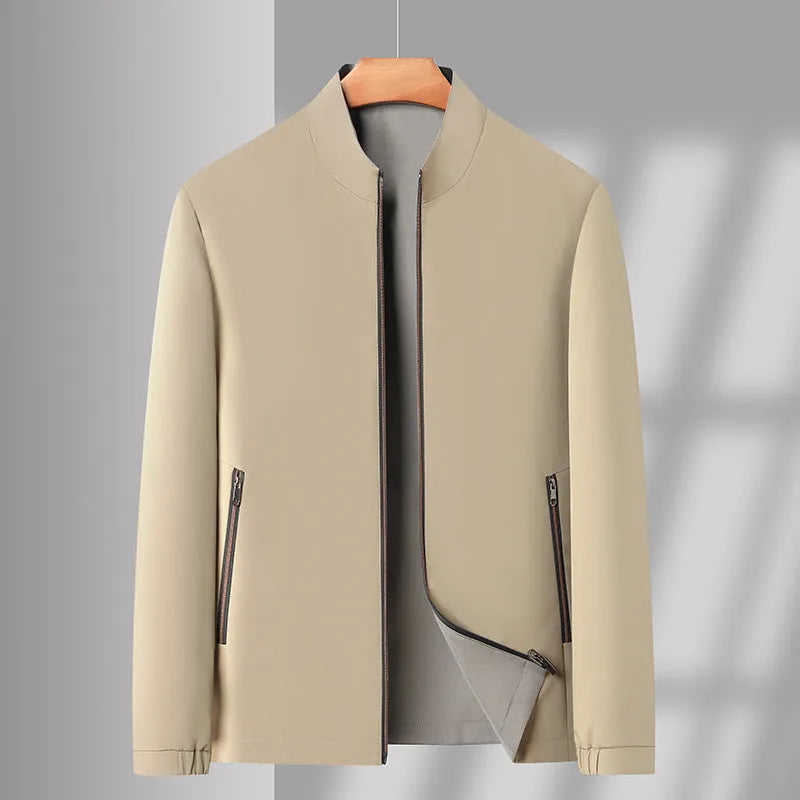 Men's double-sided stand collar casual loose windproof jacket in solid colour, size stick pockets, polyester fibre, front view