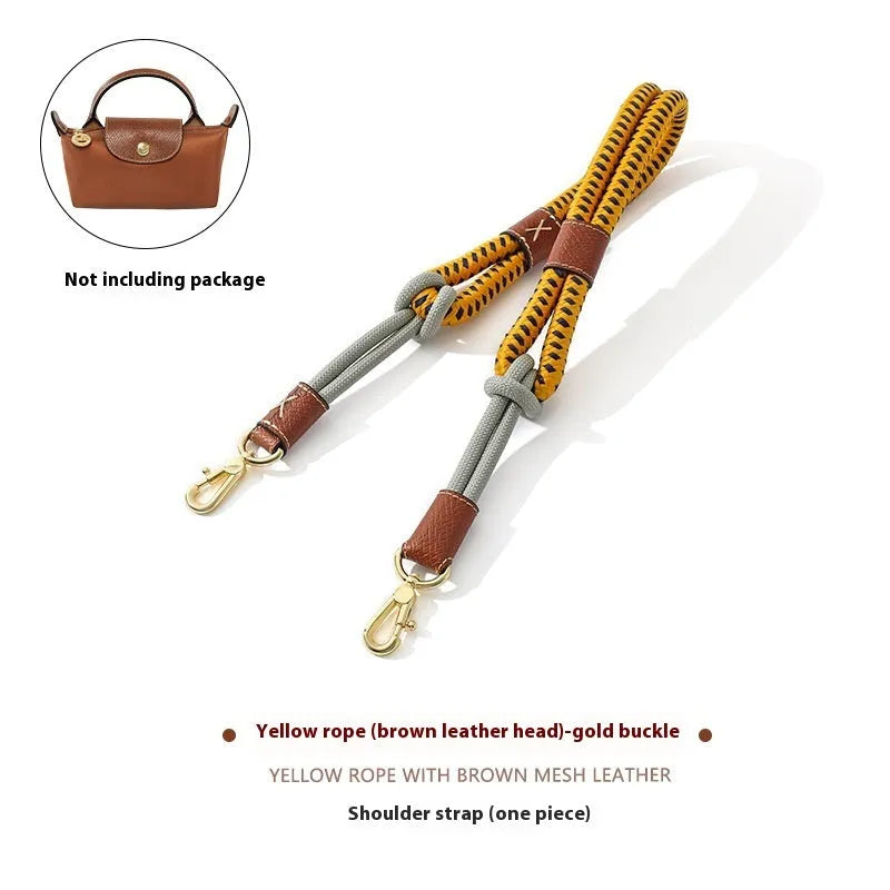 Braided nylon and cowhide leather crossbody strap with alloy buckle in gold or silver finish