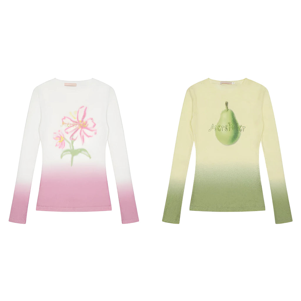 Women's gradient floral print long-sleeved T-shirt in light pink and yellow green colour options