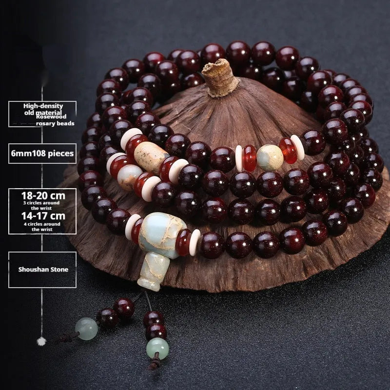 Men's rosewood bracelet with 108 beads, showing 6mm and 8mm size options alongside styles like lapis lazuli and turquoise.