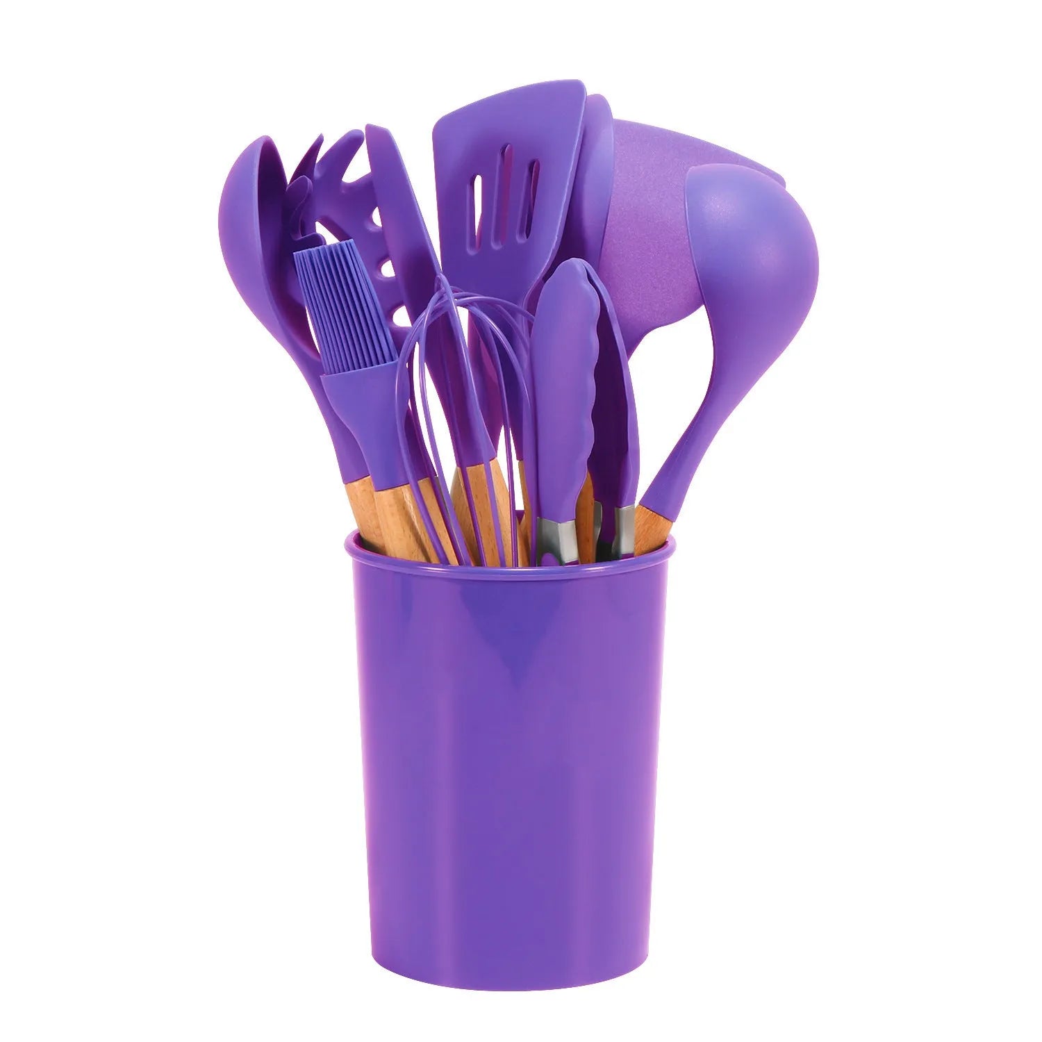 12-piece silicone kitchenware set with wooden handles in modern simplicity design, colour box packaging