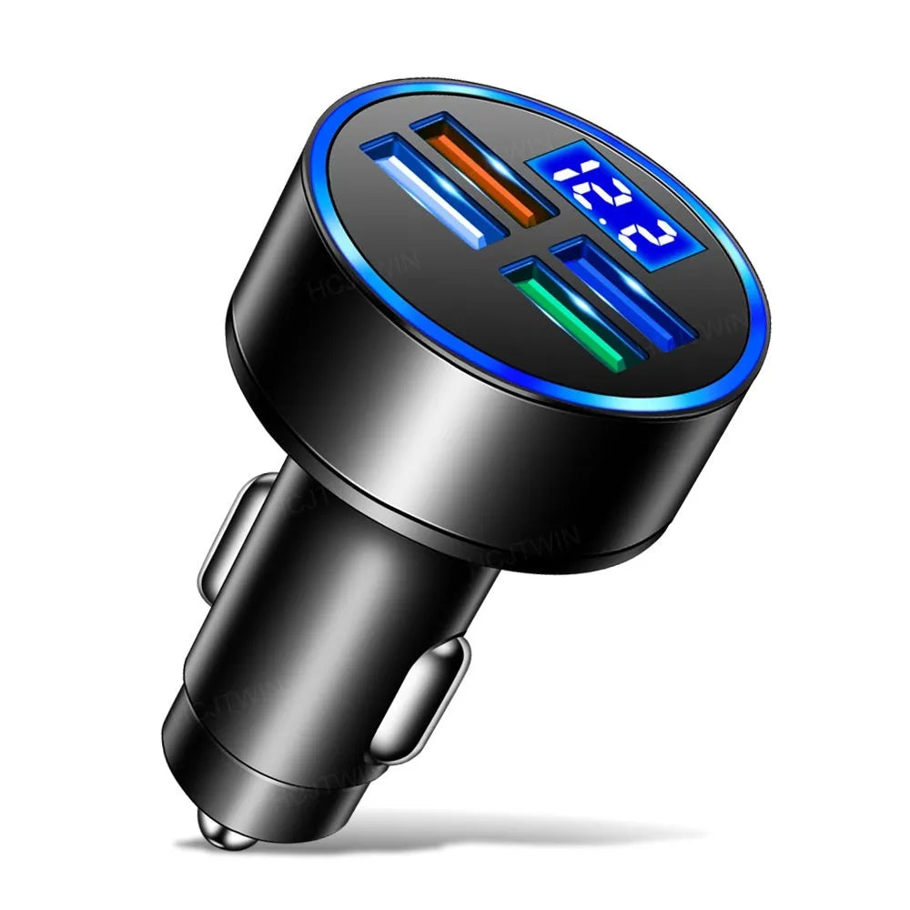 Black multi-port car charger with four USB ports and one cigarette lighter socket.