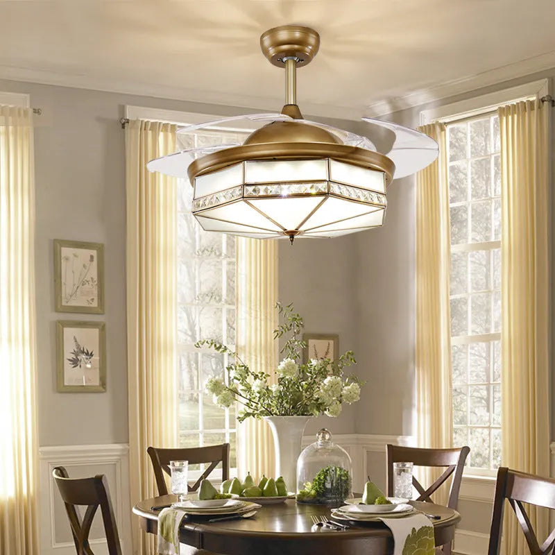 Gold 42-inch remote-controlled ceiling fan light with invisible blades and integrated LEDs