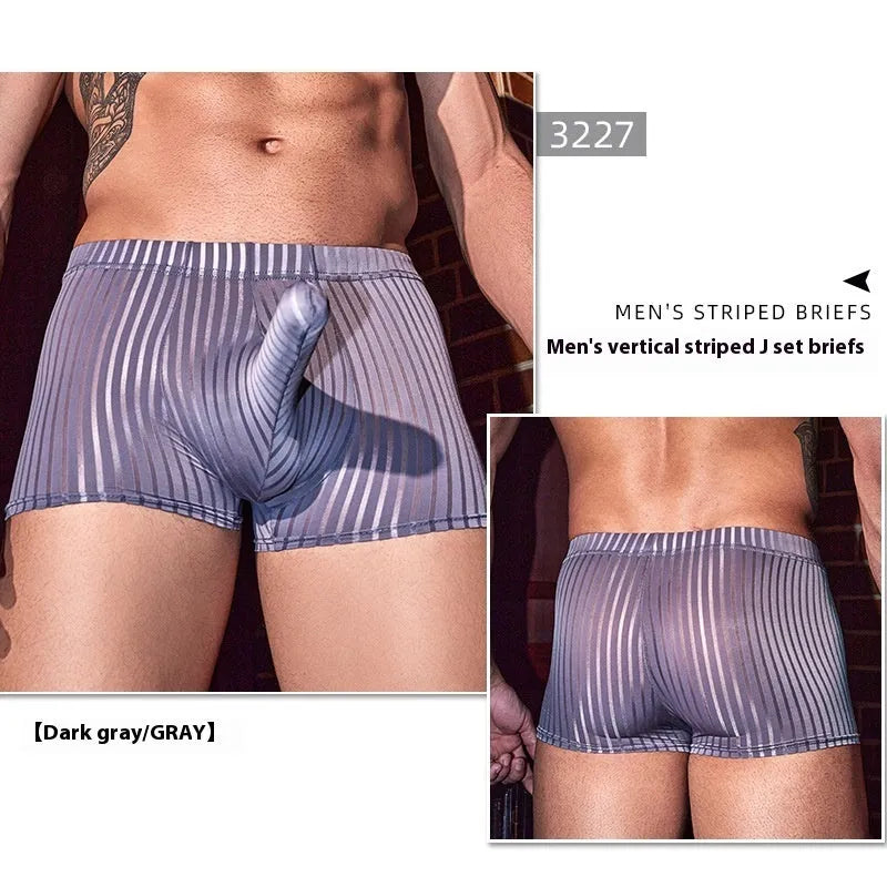 Men's striped boxer briefs in black, white and dark grey nylon with high elastic free size fit
