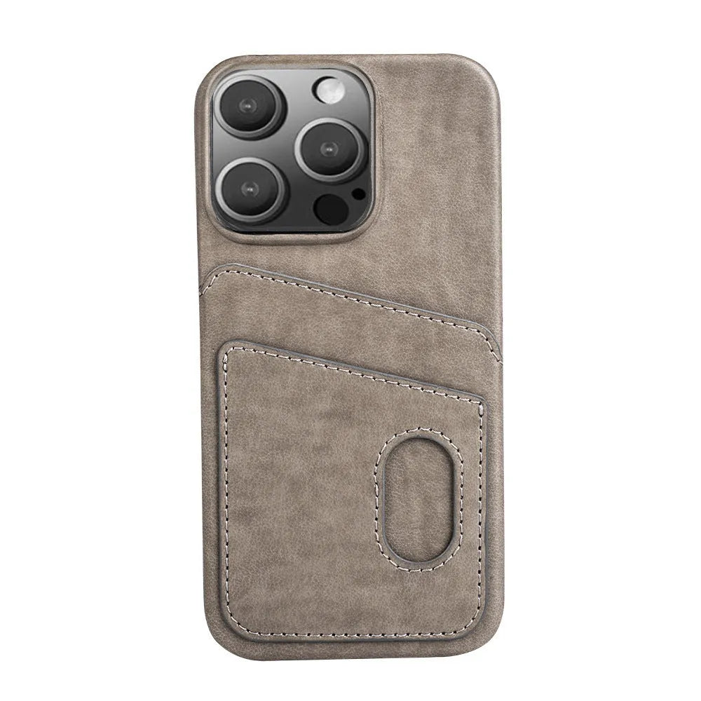 Flip PU leather phone case for iPhone showing card slot and folio cover in brown