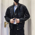 Men's black PU leather Korean-style pilot jacket with straight hem and side pockets.