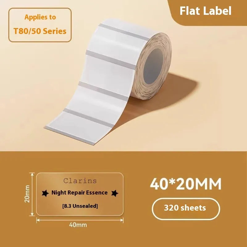Transparent waterproof adhesive labels in multiple sizes on thermal synthetic paper sheets