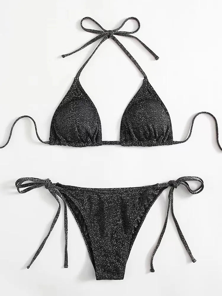 Women's bandage bikini swimsuit set in polyester available in six colours with detailed sizing chart