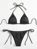 Women's bandage bikini swimsuit set in polyester available in six colours with detailed sizing chart