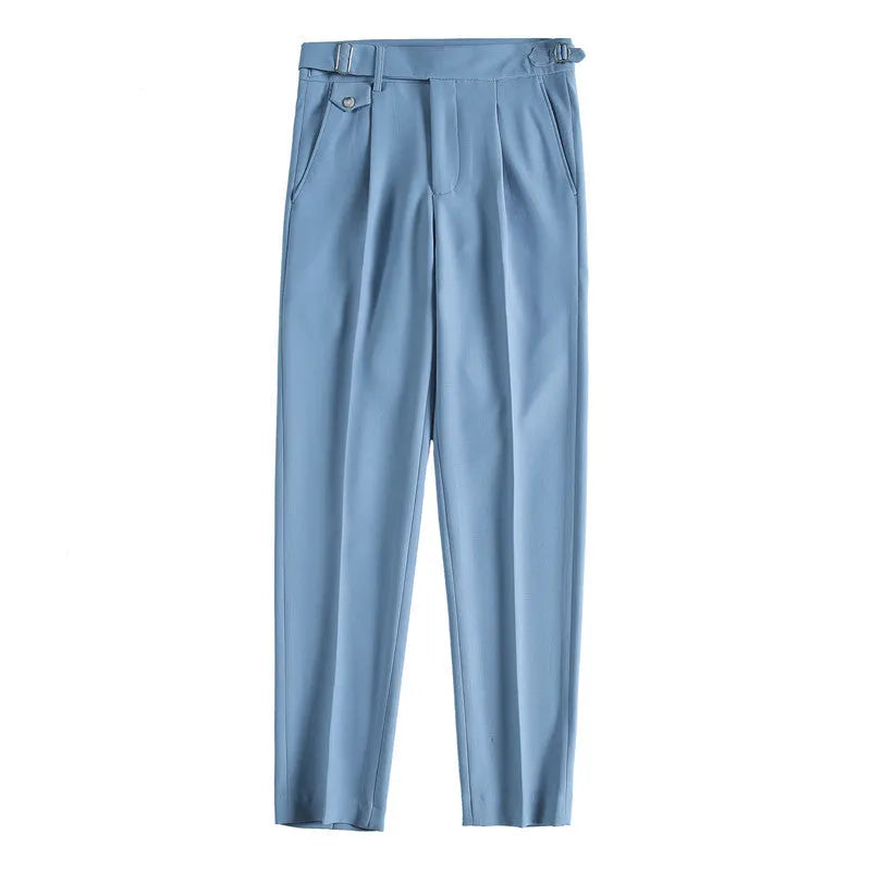 Straight leg casual trousers in solid colours on a size chart background.