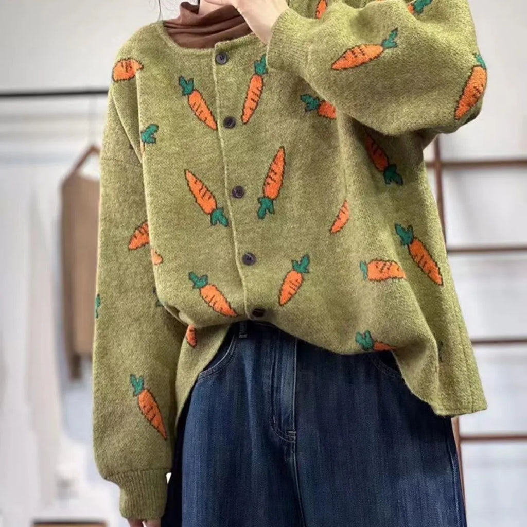 Loose casual cardigan with Mori artistic colour contrast printing, round neck design