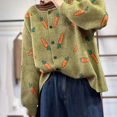 Loose casual cardigan with Mori artistic colour contrast printing, round neck design