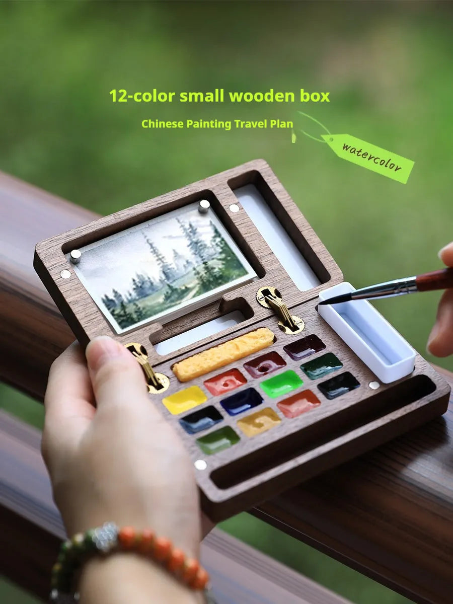 Mini walnut wood watercolour paint box with portable pigment suit storage case