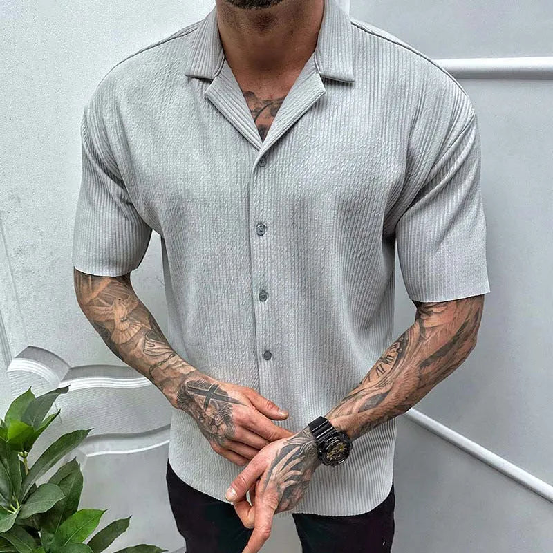 Men's cardigan solid colour short sleeve shirt in cotton blend, available in black