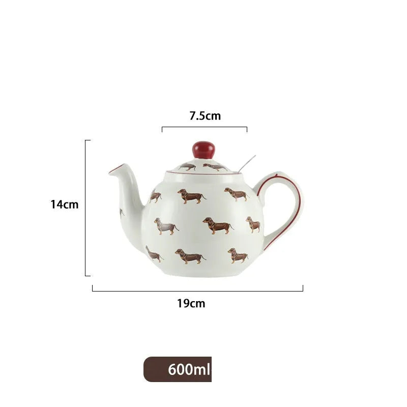 Ceramic sausage dog teapot mug cup and saucer three-piece set on table