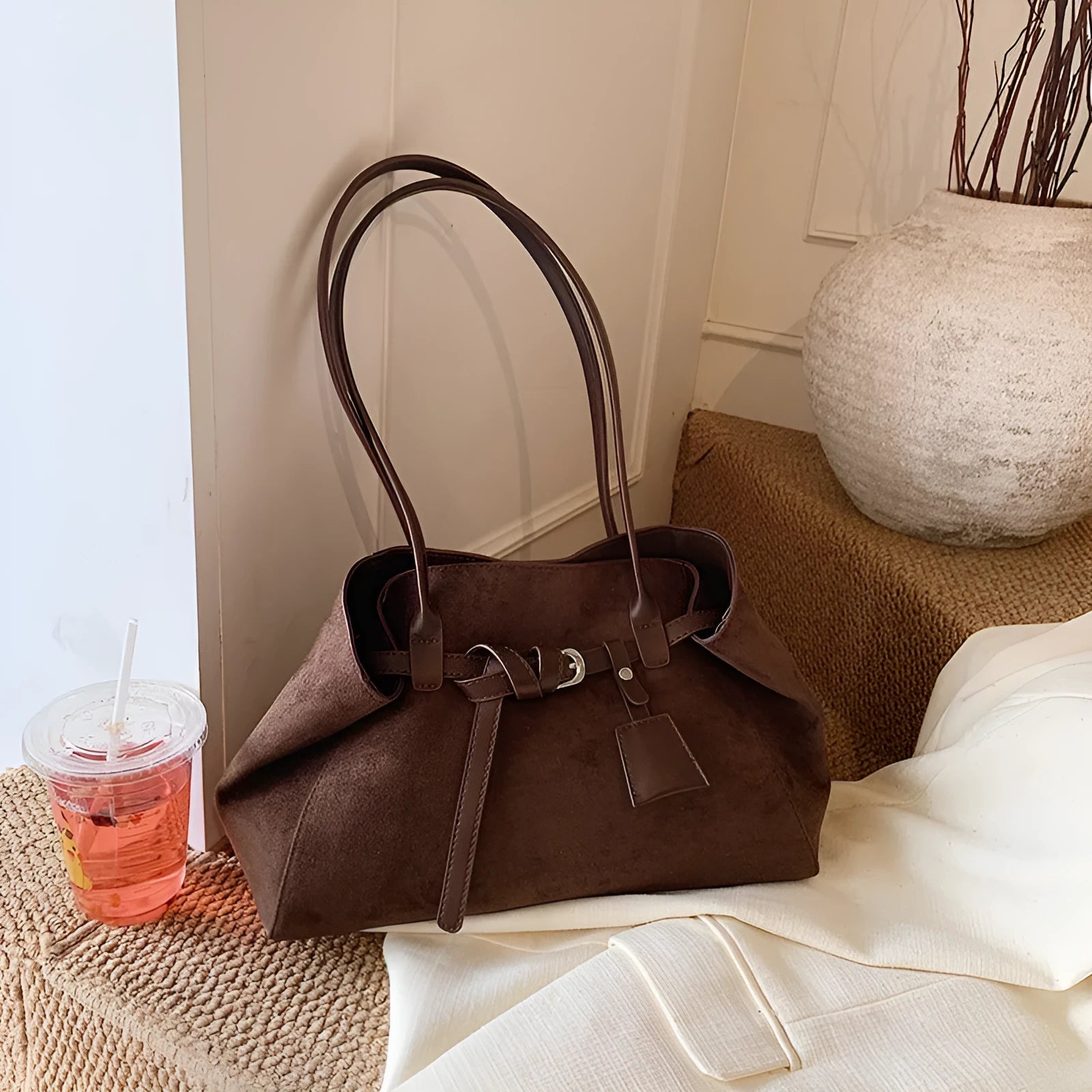 Retro matte large capacity tote bag in deerskin velvet, available in black, brown, coffee, and green, with single shoulder strap