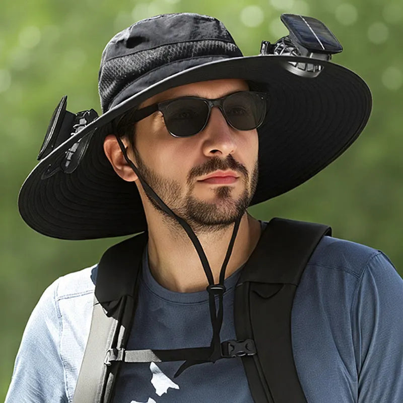 Men's beige solar-powered fan hat with wide brim and integrated cooling fan