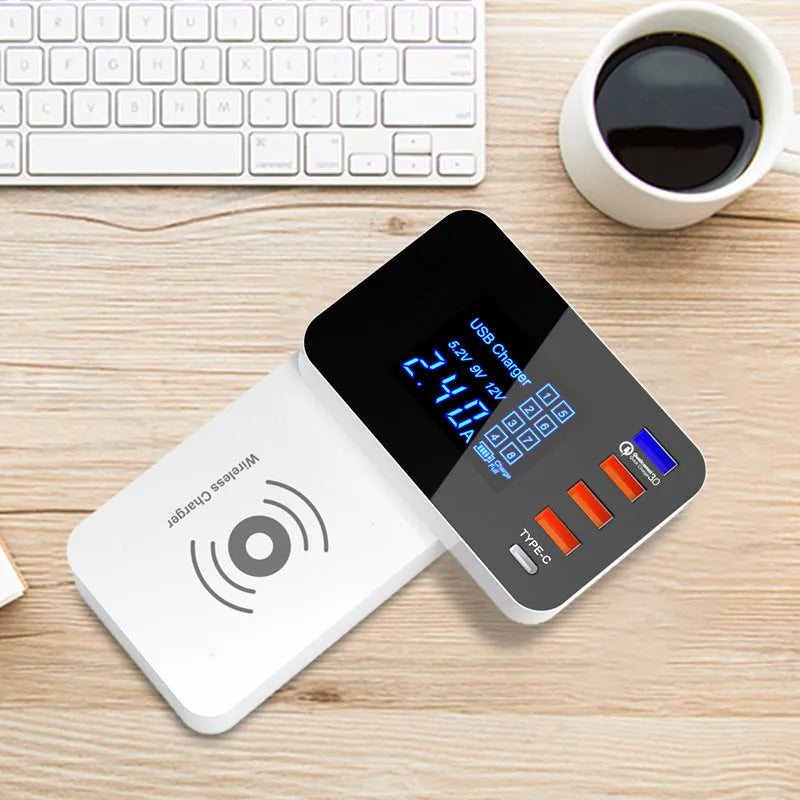 White multi USB port fast charger with wireless charging pad and EU UK US plug adapters
