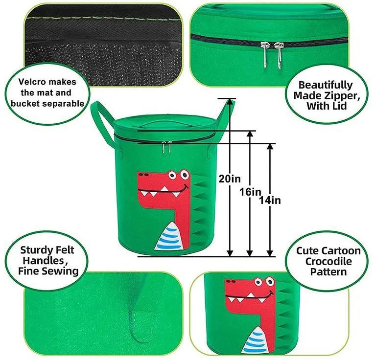 Green felt storage bag cinched closed with pull rope, shown next to it laid flat as a play mat