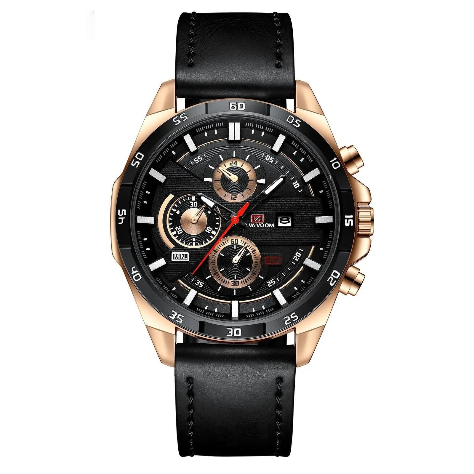 Men's waterproof quartz watch with calendar display and decorative metal casing