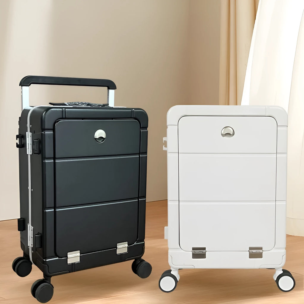 Front opening 20-inch suitcase in silver showing separate wet and dry compartments and a built-in cup holder.