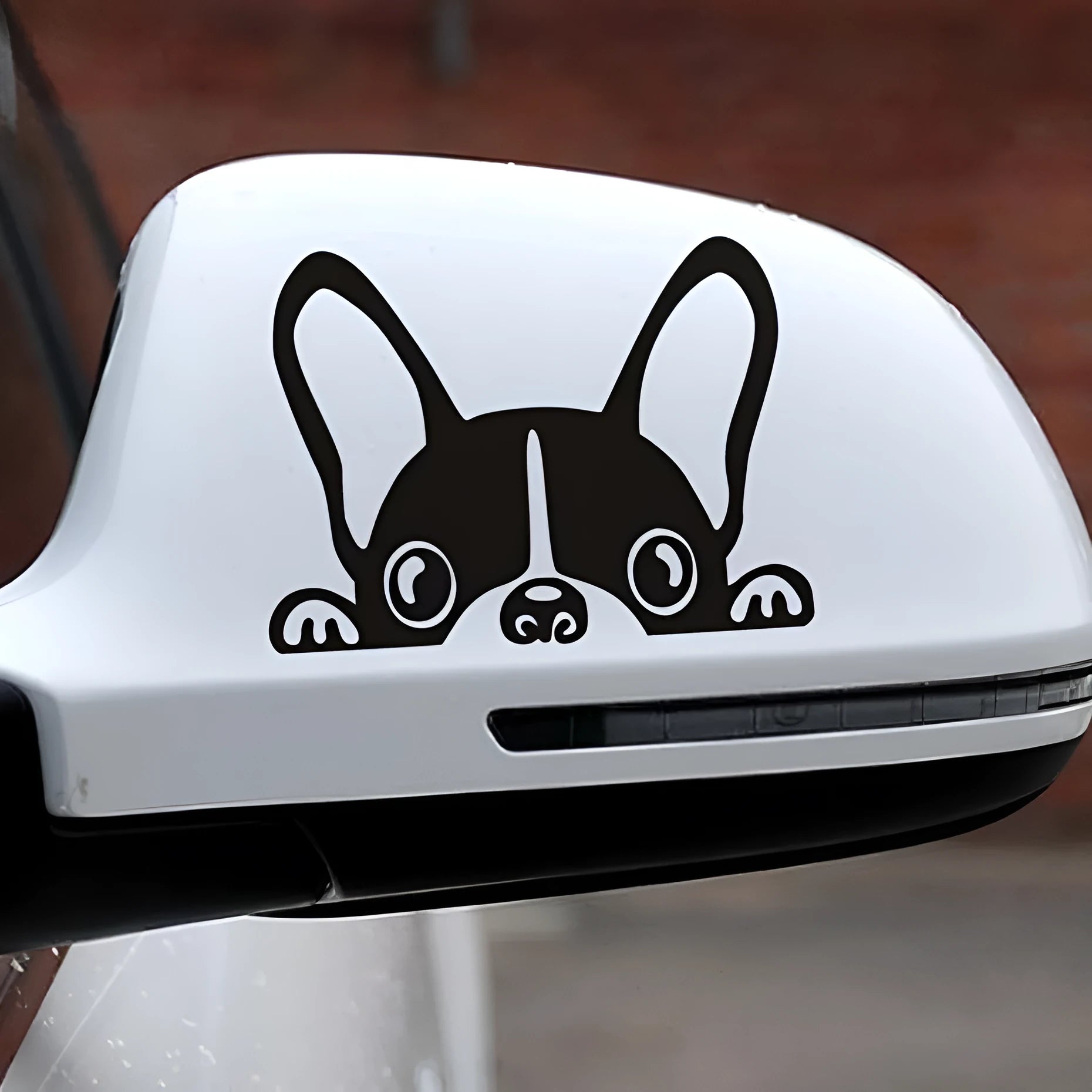 French bulldog reflective car sticker 15cm x 10cm in black, applied to a car window