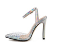 Women's pointed toe diamond sandals with stiletto heels on a white background