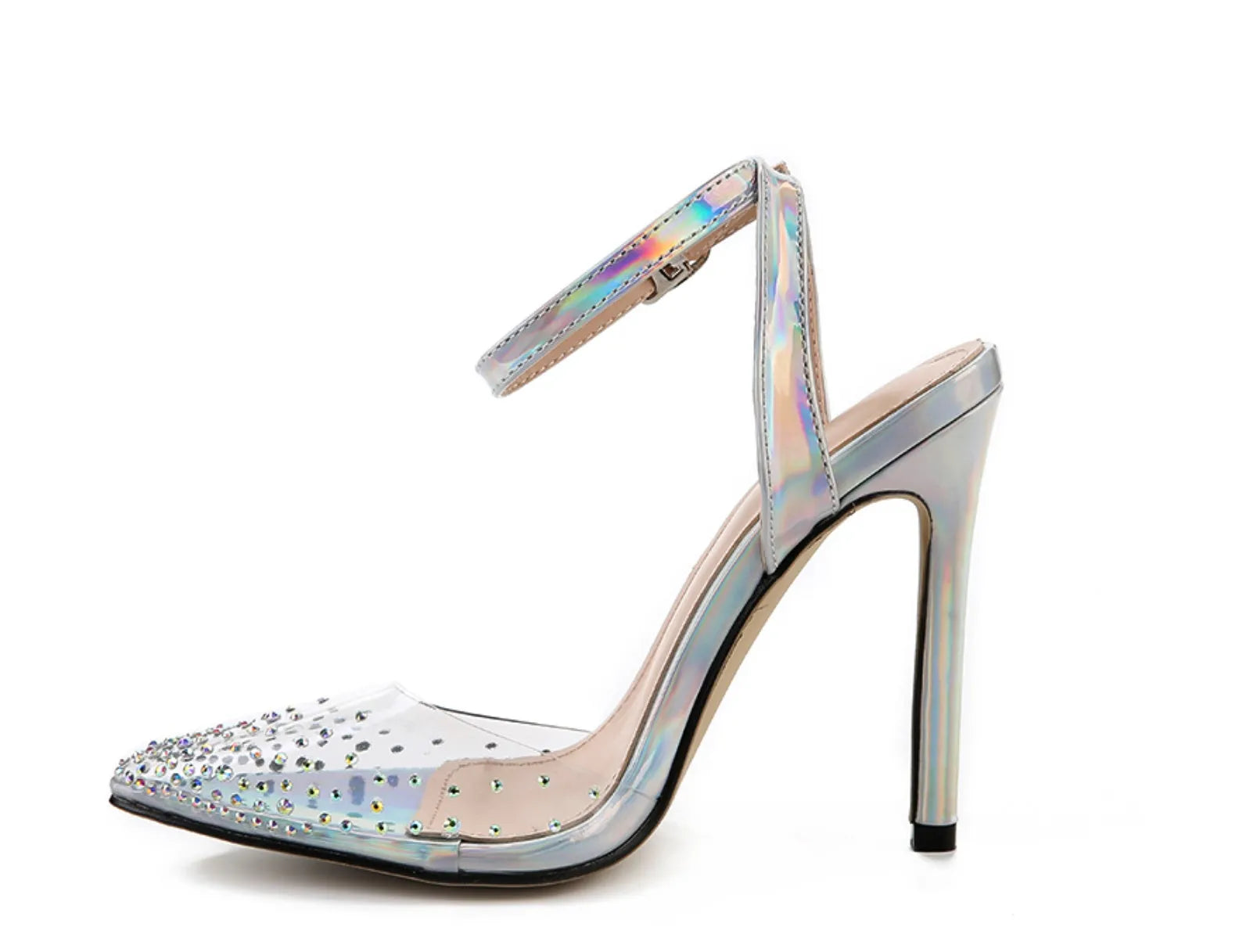 Women's pointed toe diamond sandals with stiletto heels on a white background
