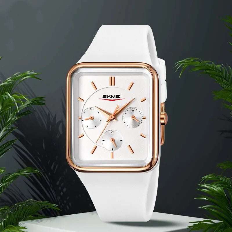 Square silicone waterproof watch for girls in multiple colour options on a wrist.
