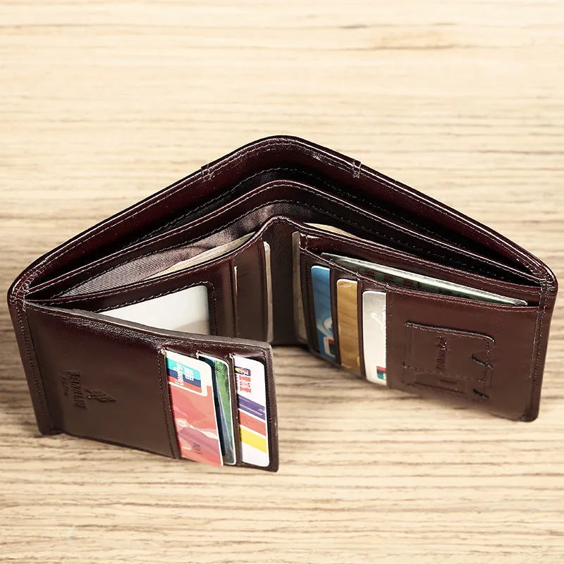 Men's leather wallet showing internal compartments for cards, cash, coins and documents