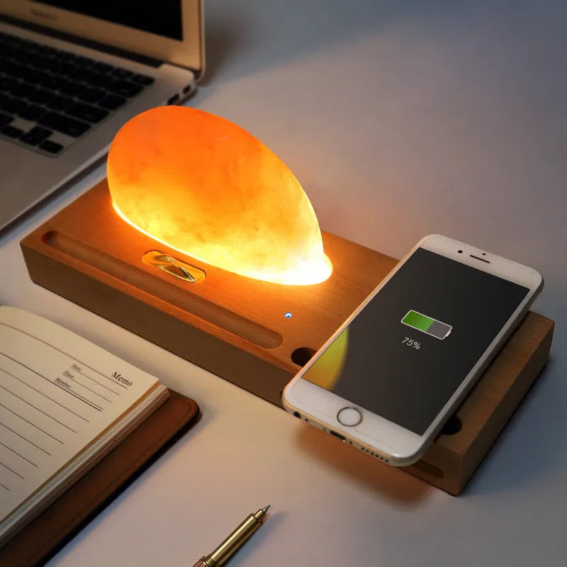 Sunrise Oriental LED table lamp with natural crystal salt shade and wireless charging on beech wood base